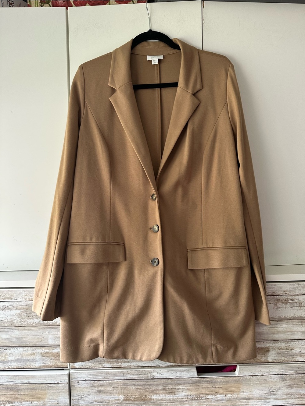 🧥 J.Jill Ponte Knit Long Blazer Jacket Tan Brown Size Medium Tall